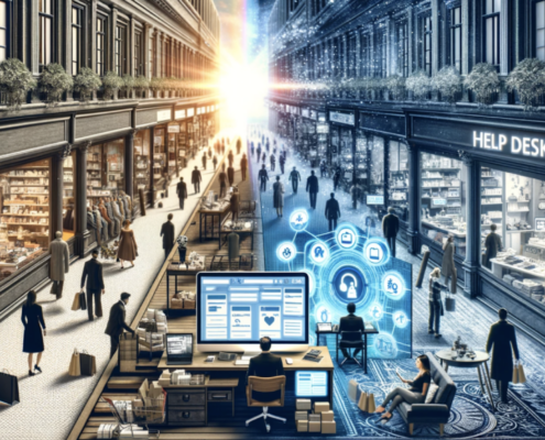 A conceptual image depicting a fusion of traditional retail shopping with modern IT support, featuring shoppers in a classic store that transitions into a digital help desk environment with technology interfaces and cybersecurity symbols.